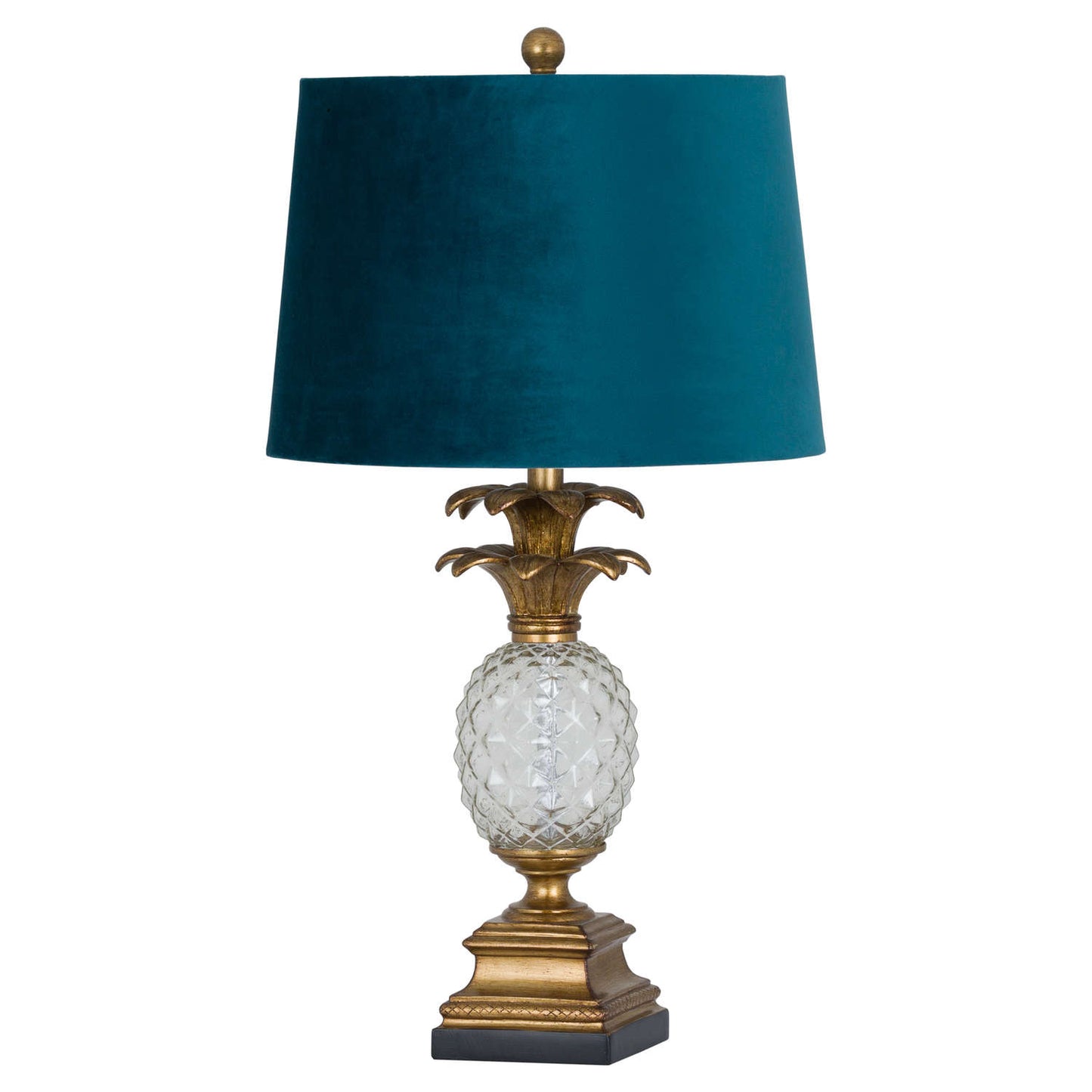 Ananas Glass Table Lamp With Teal Velvet Lampshade