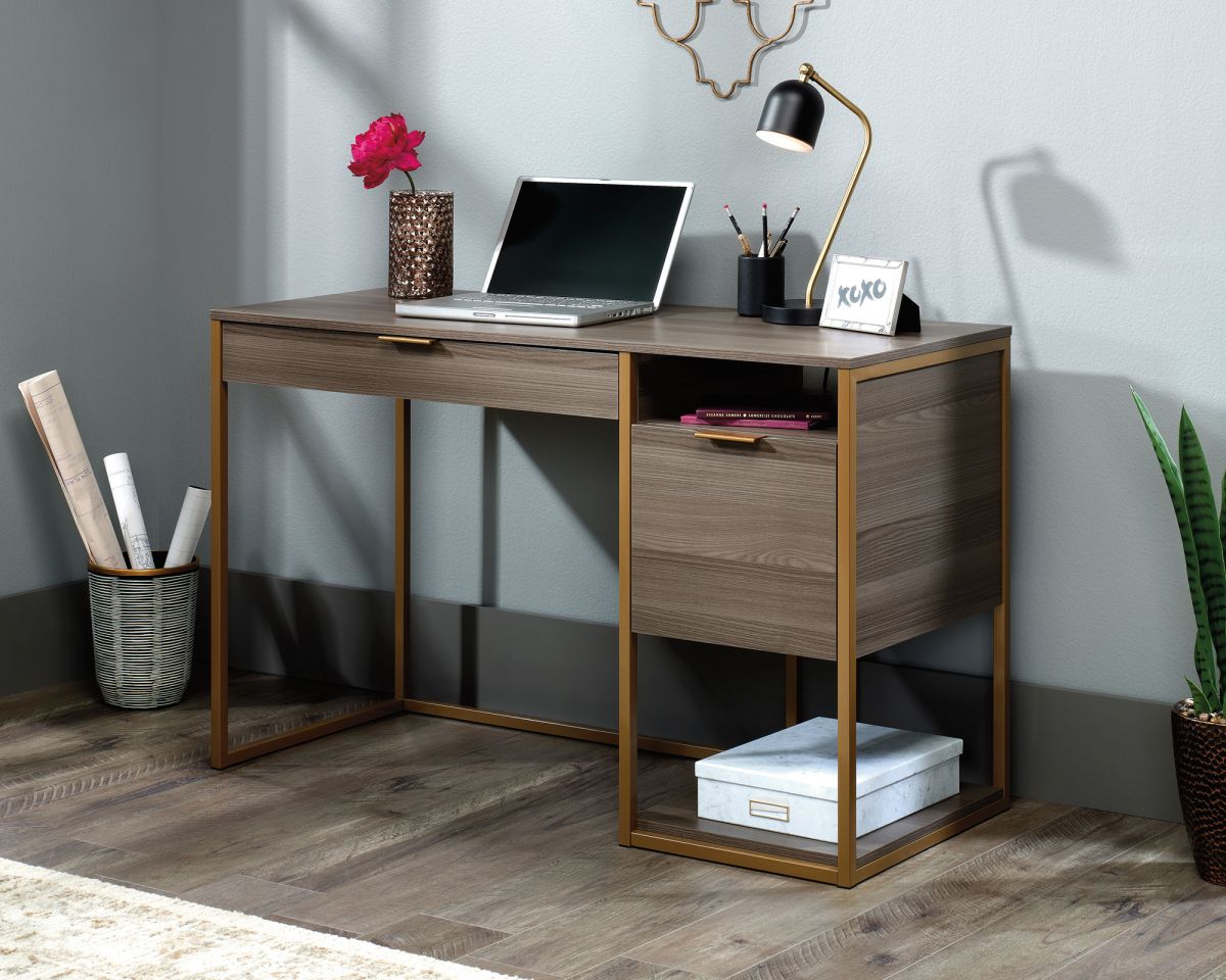 Retro style home office executive desk in Ash finish with gold frame