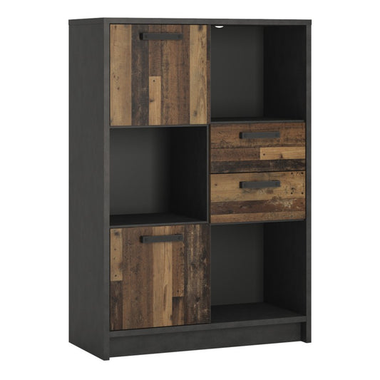 Brooklyn Low Bookcase with 2 Doors and 2 Drawers in Walnut and Dark Matera Grey
