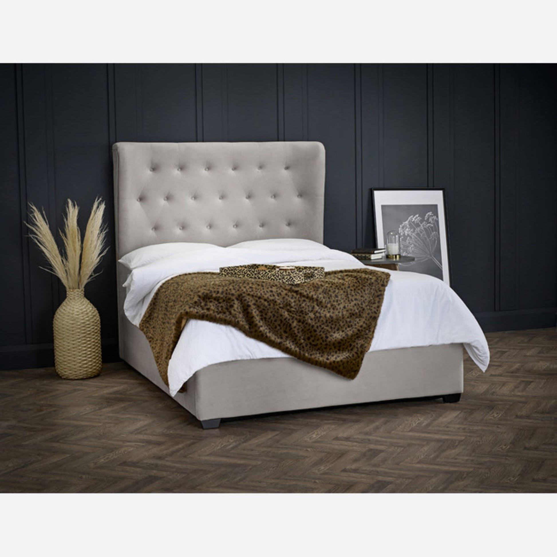 Kingsize Ottoman Bed with Buttoned Headboard - Cappuccino