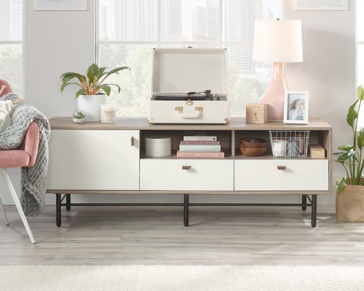 Modern TV stand / credenza with Sky Oak finish and white accents