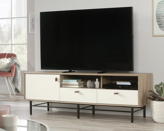 Modern TV stand / credenza with Sky Oak finish and white accents