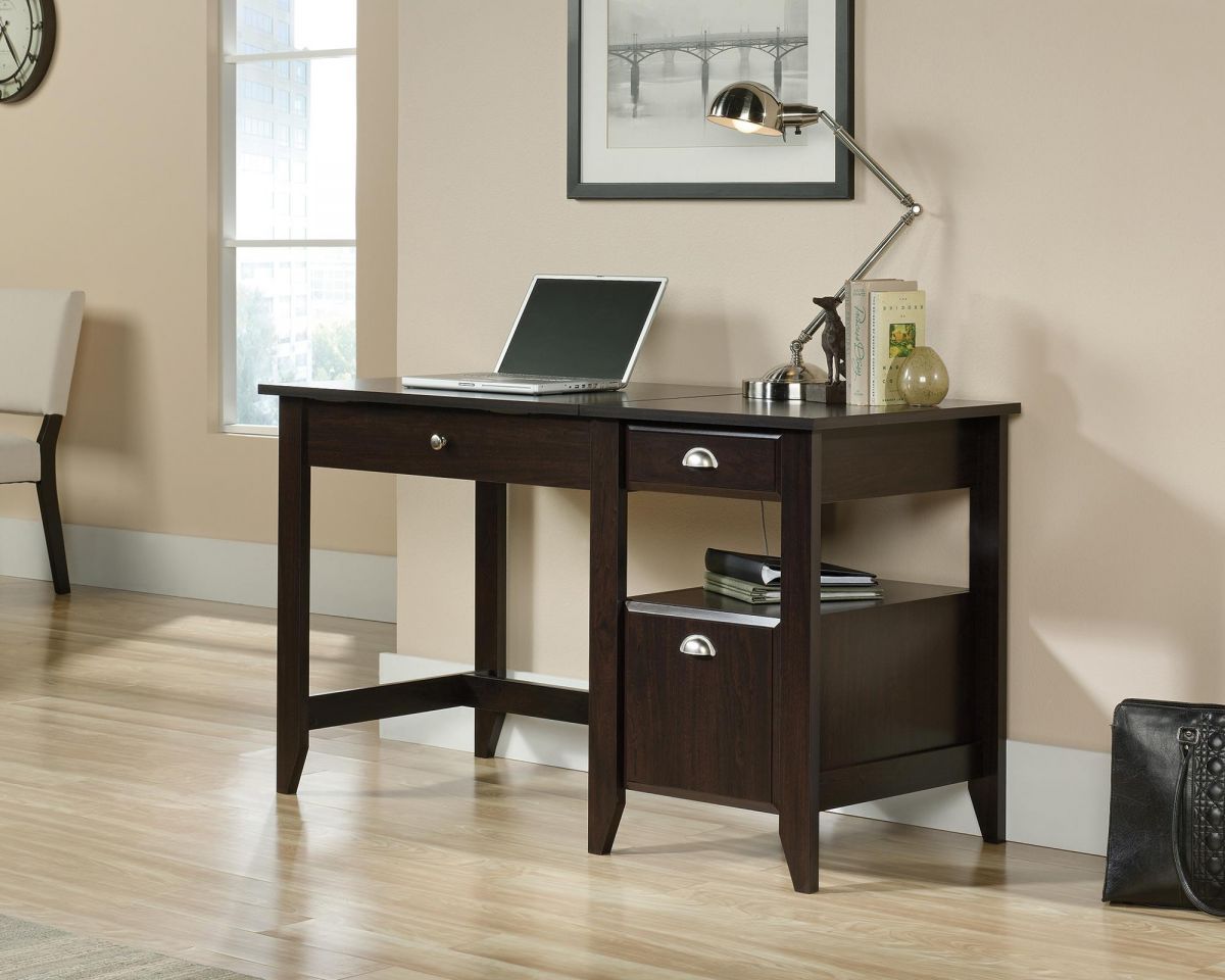 Ergonomic sit/stand office home desk in Jamocha wood finish