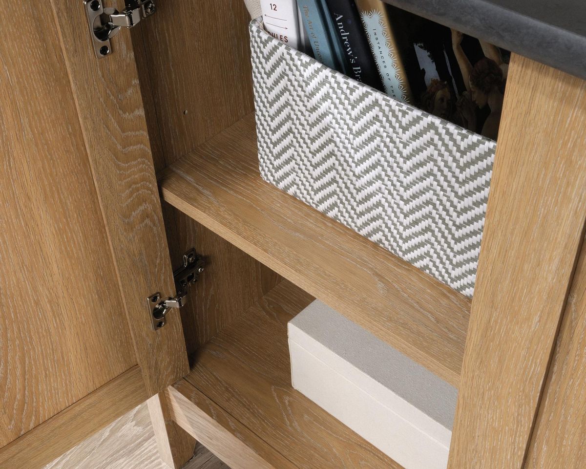 Three shelf bookcase in Oak finish with slate coloured accent