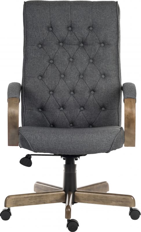 High Back Executive Traditional Style Grey Office Chair With Wooden Base