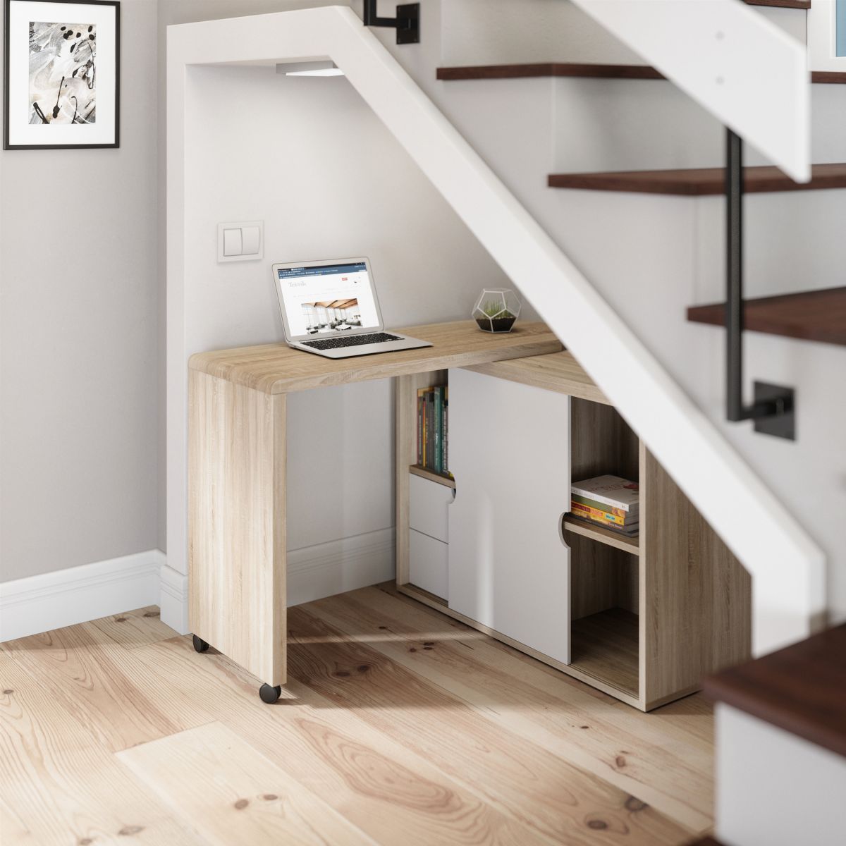 Scandi Style Space Saver Foldable Home office desk in Oak effect finish and white accents