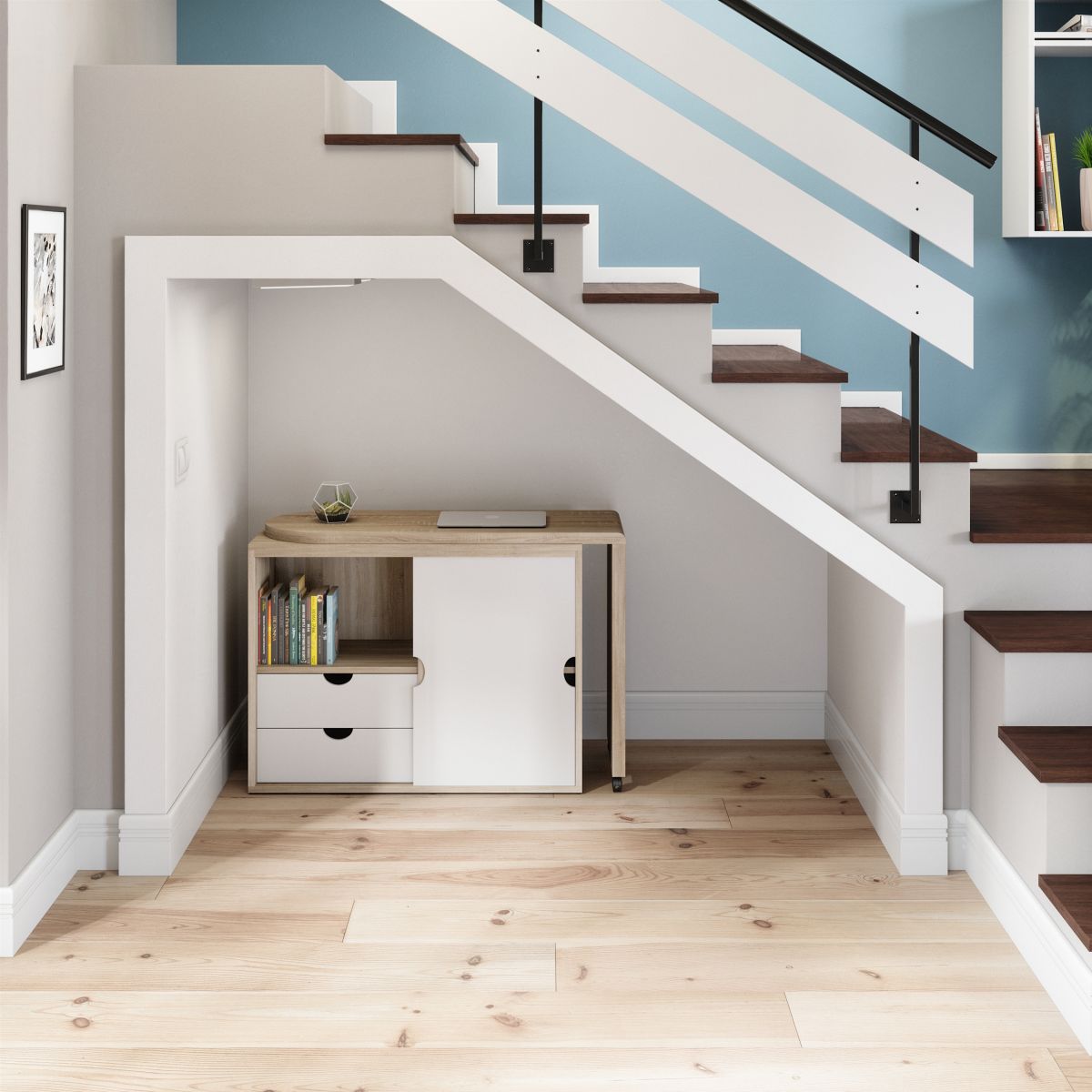 Scandi Style Space Saver Foldable Home office desk in Oak effect finish and white accents