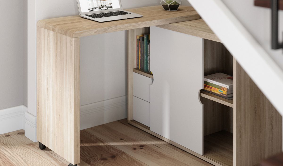 Scandi Style Space Saver Foldable Home office desk in Oak effect finish and white accents