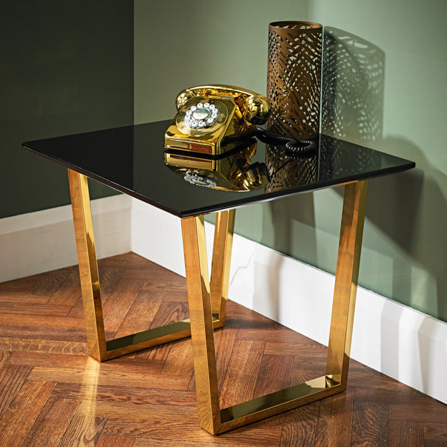 Side Table End Table in Black High Gloss and Gold Leg Finish