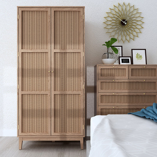 Boho Scandi Style Rattan Front Double Wardrobe With Gold Handles