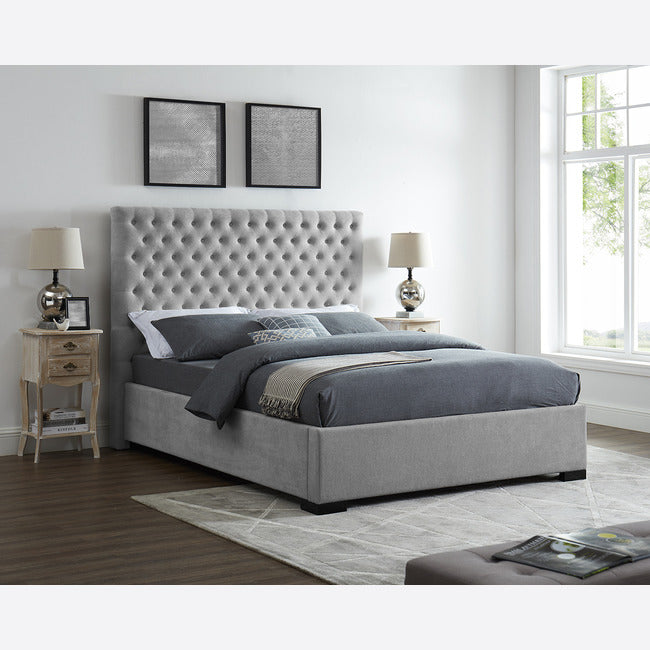 Milla Grey Velvet Buttoned Headboard Kingsize bed