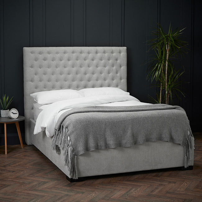 Milla Grey Velvet Buttoned Headboards Kingsize bed