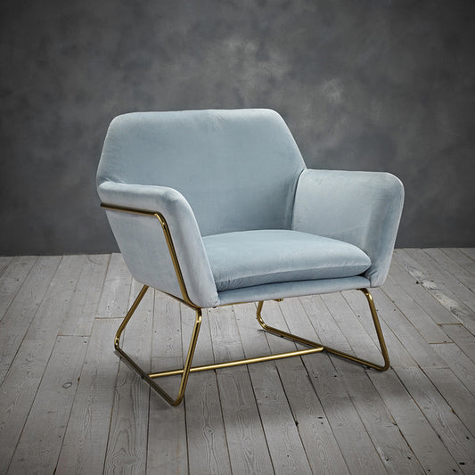 Vintage Style Armchair in Baby Blue Velvet With Gold Frame