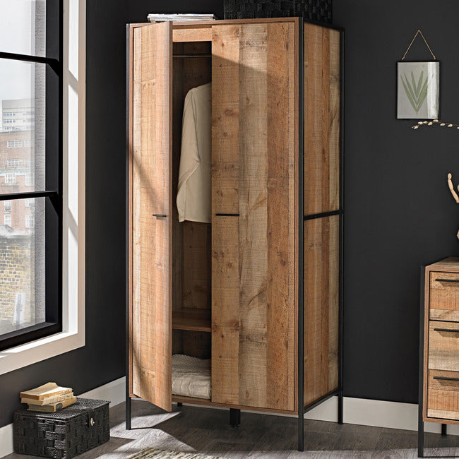 Industrial style distressed oak effect wooden 2 door wardrobe