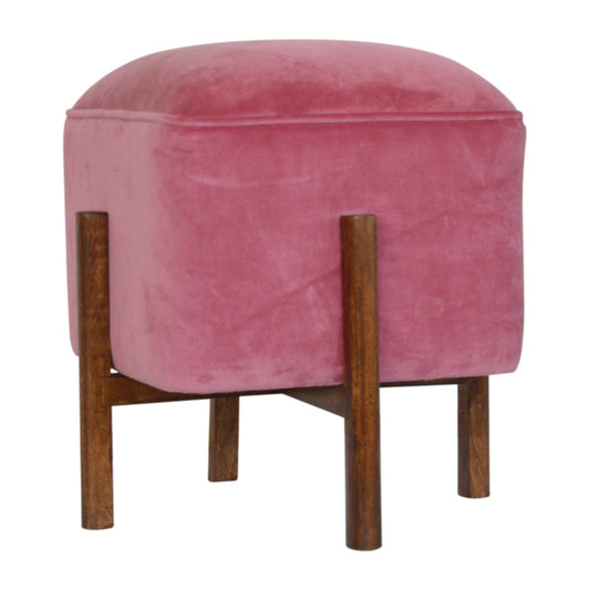 Pink Velvet Footstool with Solid Wood Legs