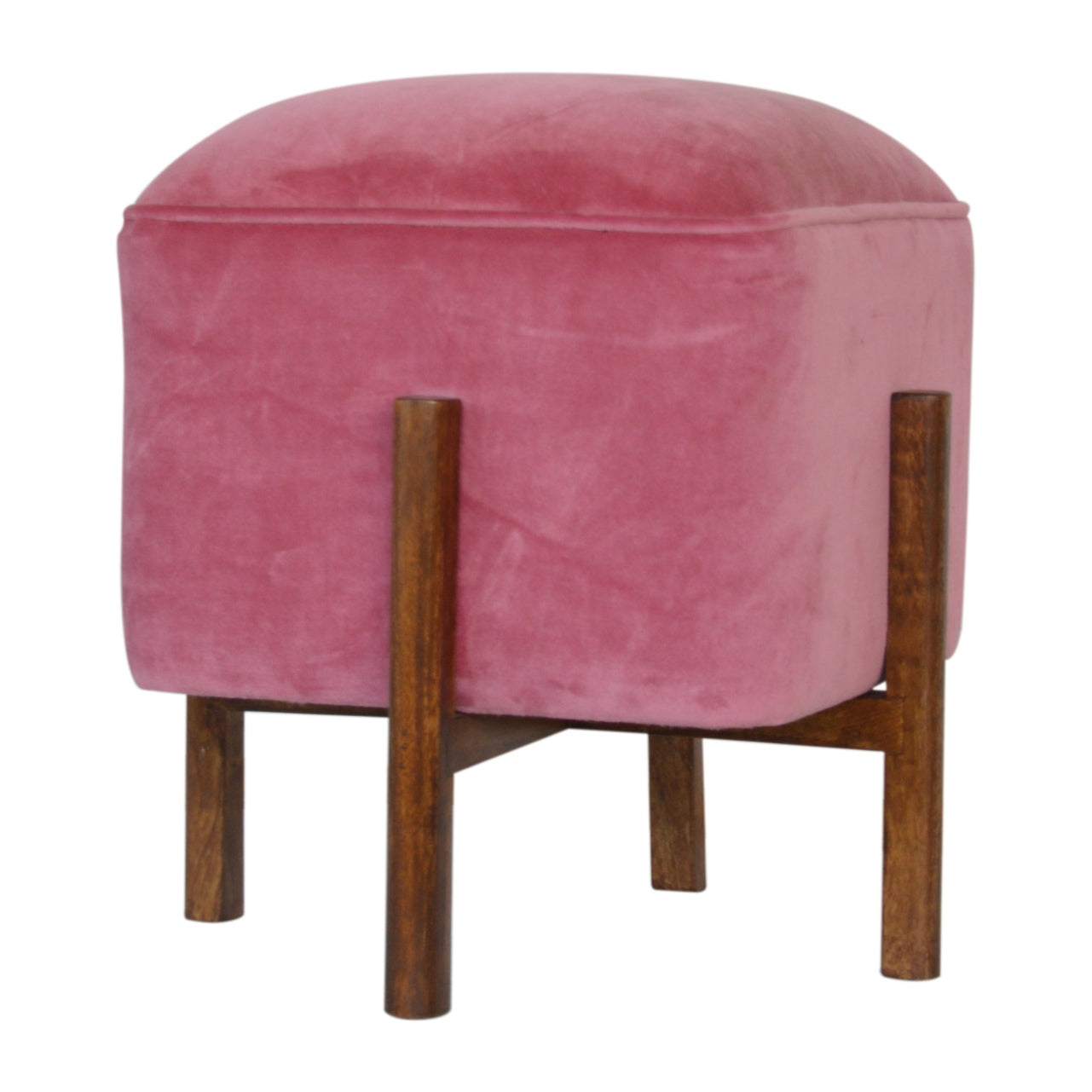 Pink Velvet Footstool with Solid Wood Legs