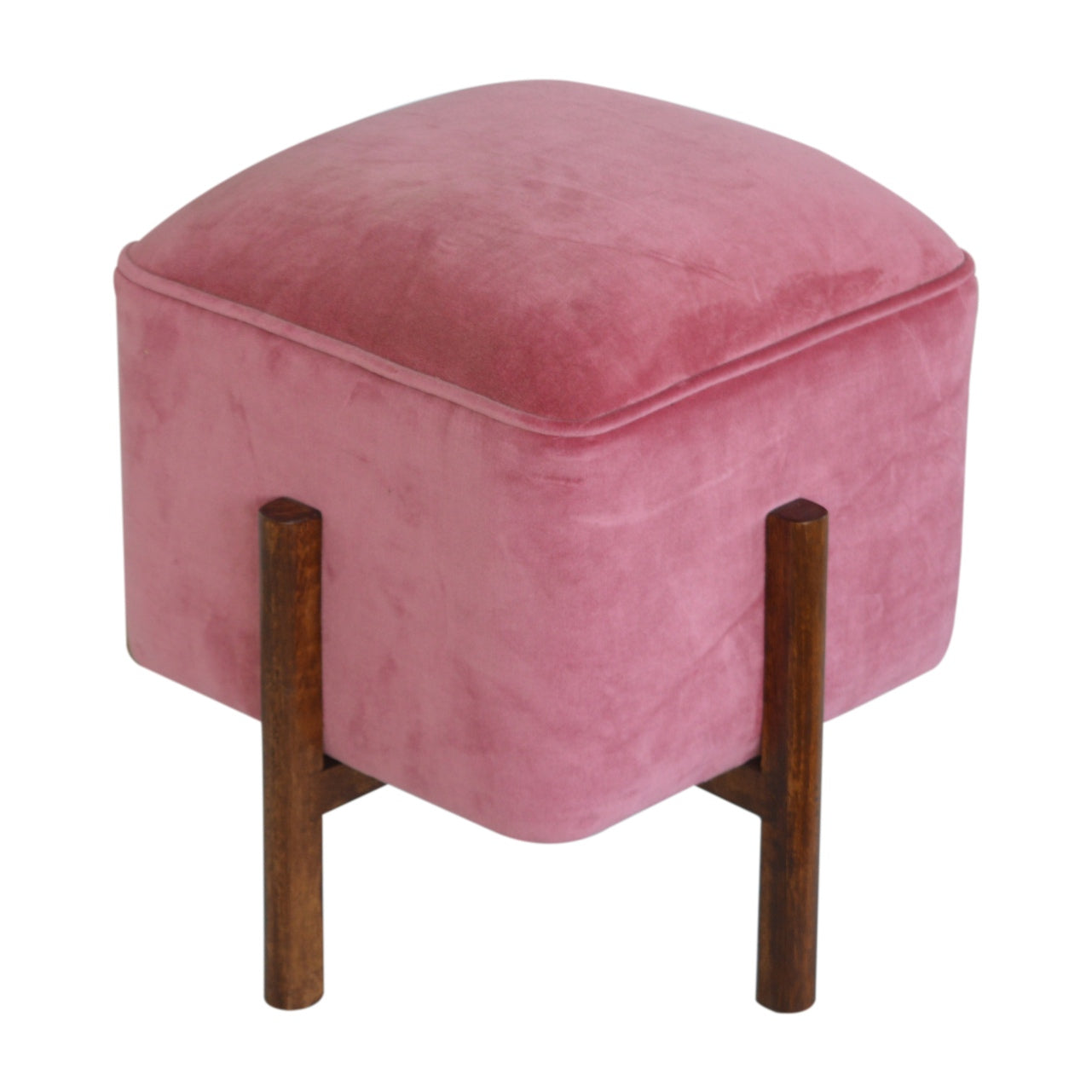 Pink Velvet Footstool with Solid Wood Legs