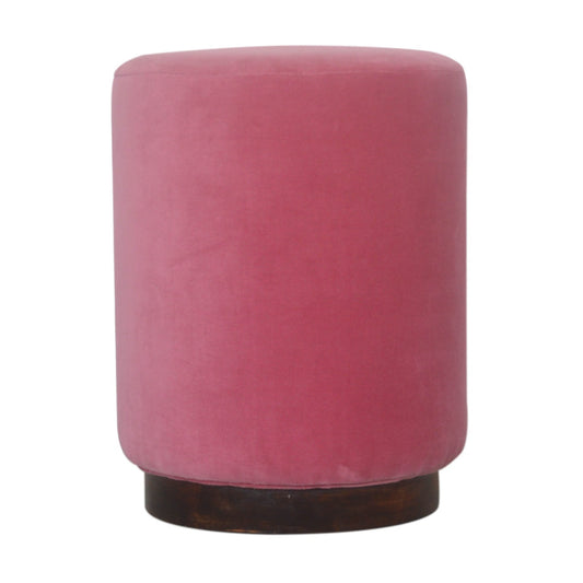 Pink Velvet Footstool with Wooden Base