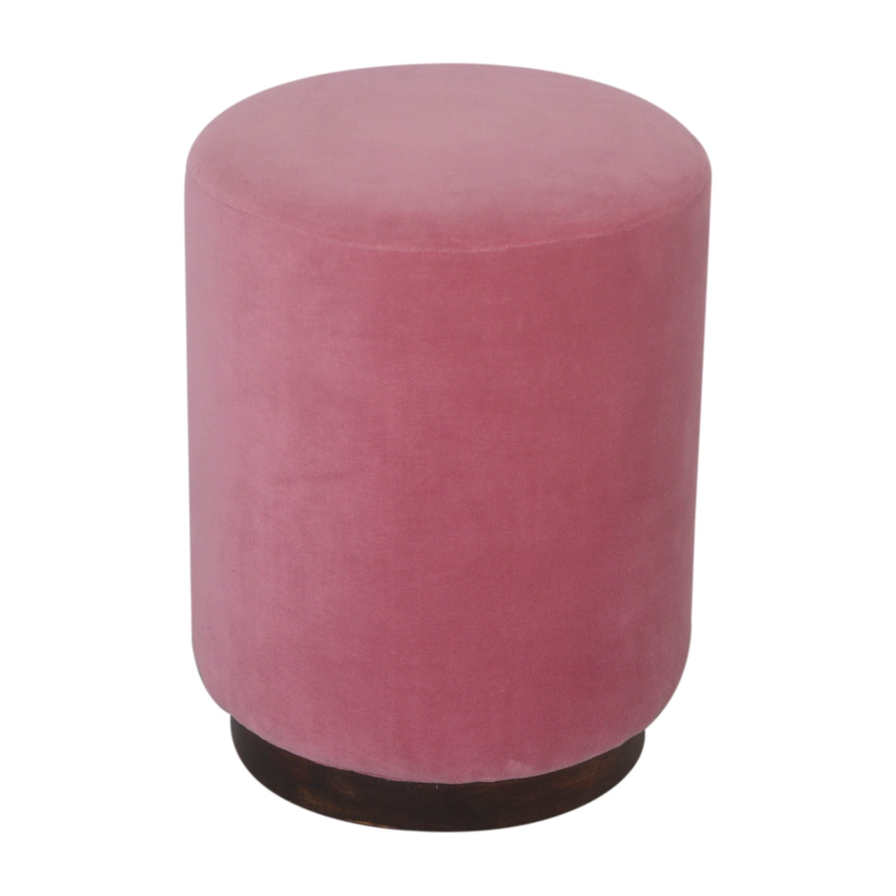 Pink Velvet Footstool with Wooden Base