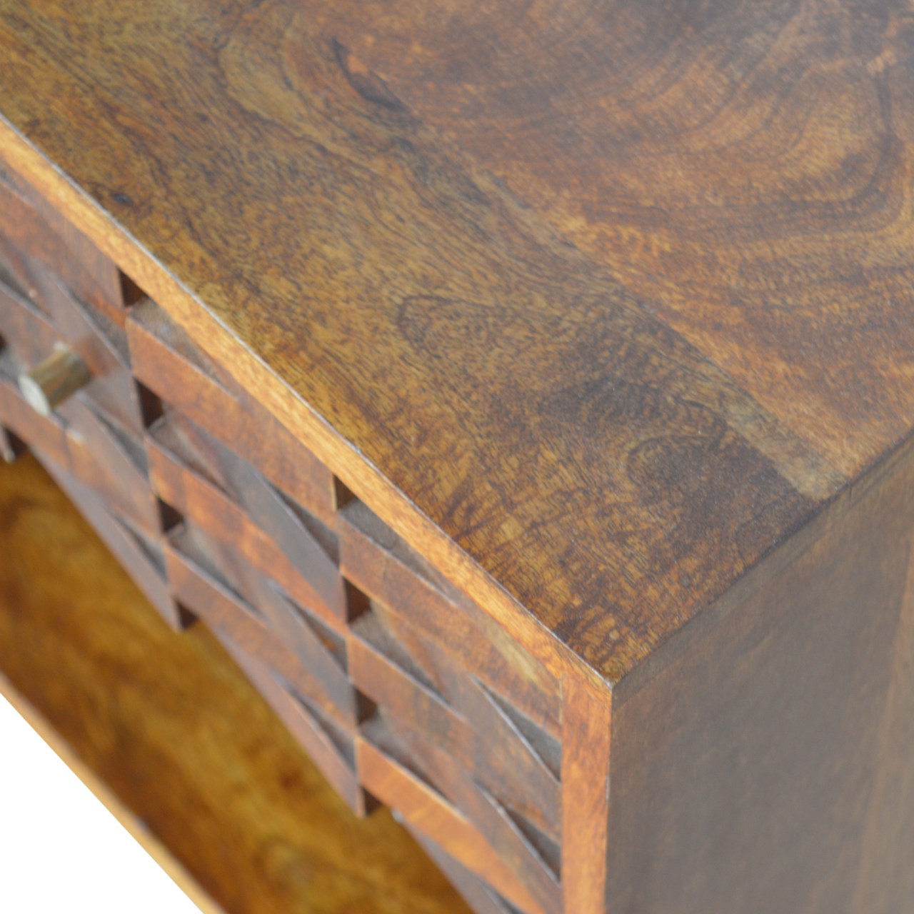 Tile Carved Chestnut Bedside Table with Open Slot