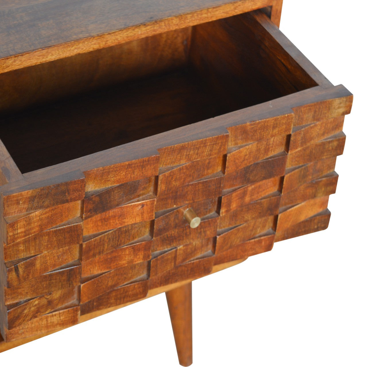 Tile Carved Chestnut Bedside Table with Open Slot