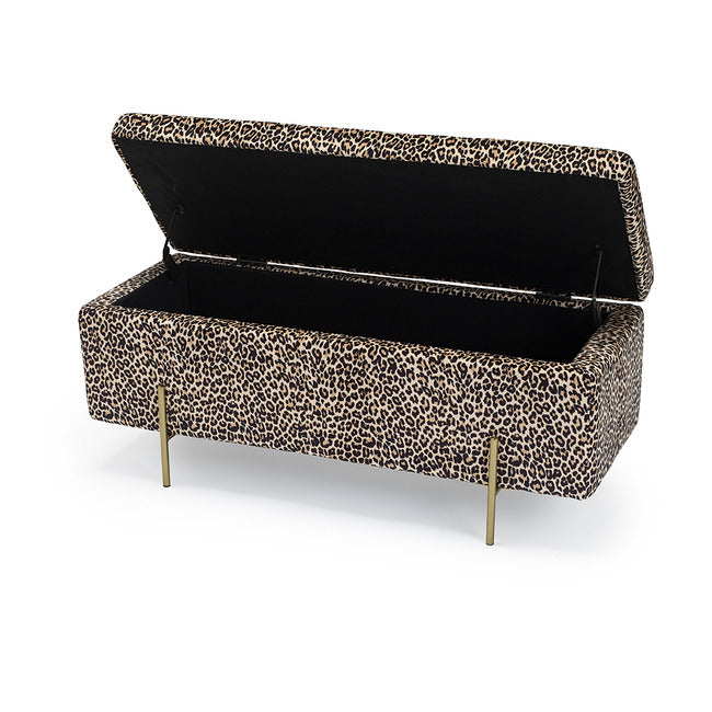 New! Large Storage Ottoman Pouffe upholstered in velvet leopard print fabric with gold legs