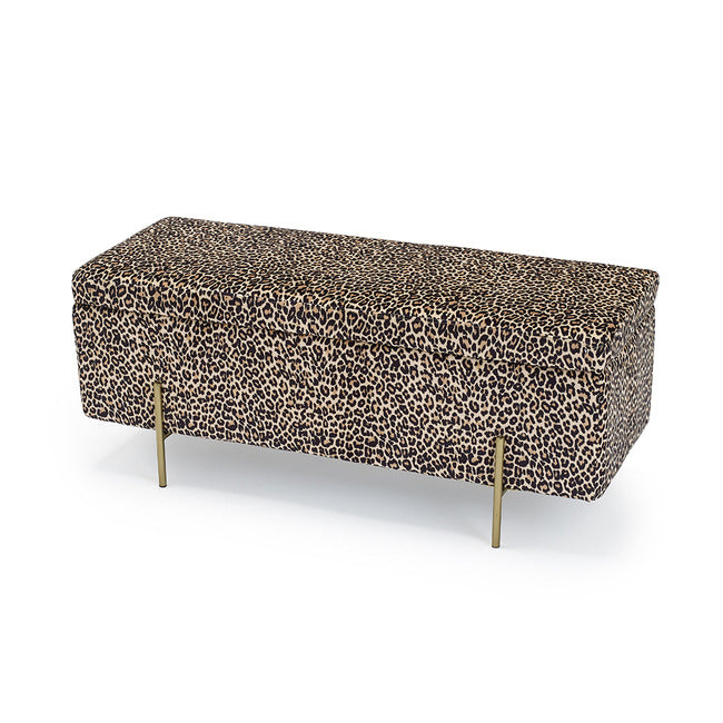 New! Large Storage Ottoman Pouffe upholstered in velvet leopard print fabric with gold legs