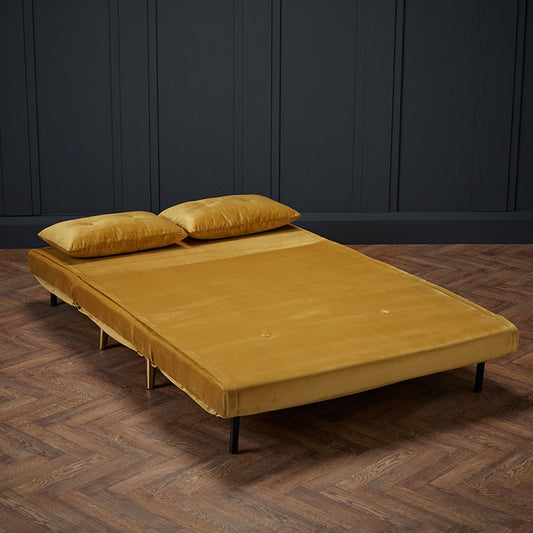 Mustard Plush Velvet Sofa Bed With Gold Legs