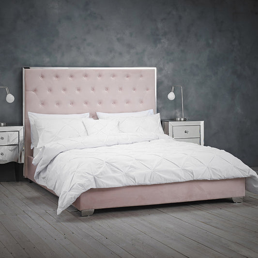 Elegant Velvet Double Bed In Pink Velvet Buttoned Headboard with Silver Trim