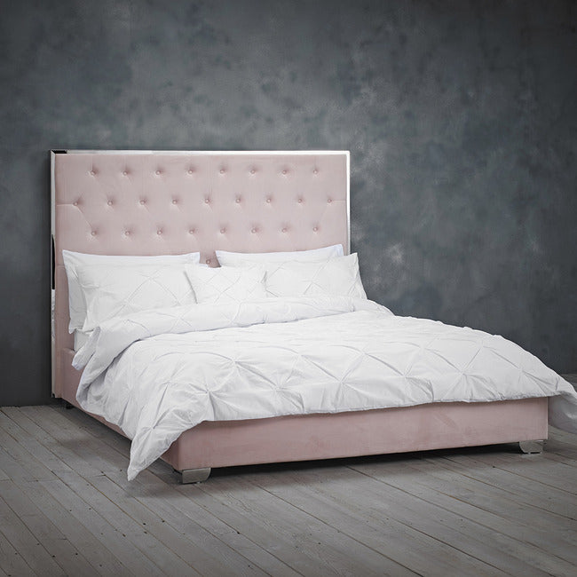 Elegant Velvet Double Bed In Pink Velvet Buttoned Headboard with Silver Trim