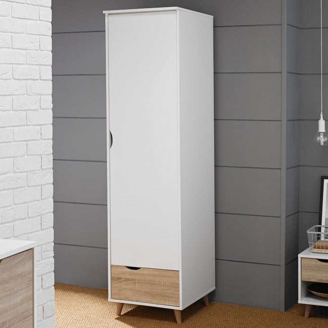 Retro Scandi Boho Style White and Oak finish One Door Wardrobe with drawer for Bedroom