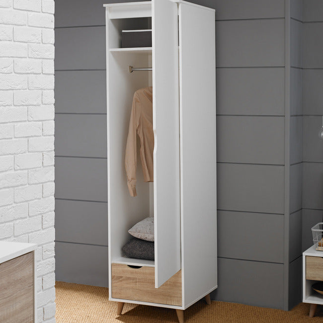 Retro Scandi Boho Style White and Oak finish One Door Wardrobe with drawer for Bedroom