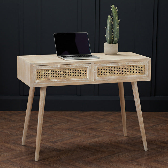 Boho Style Washed Oak Effect and Rattan Desk