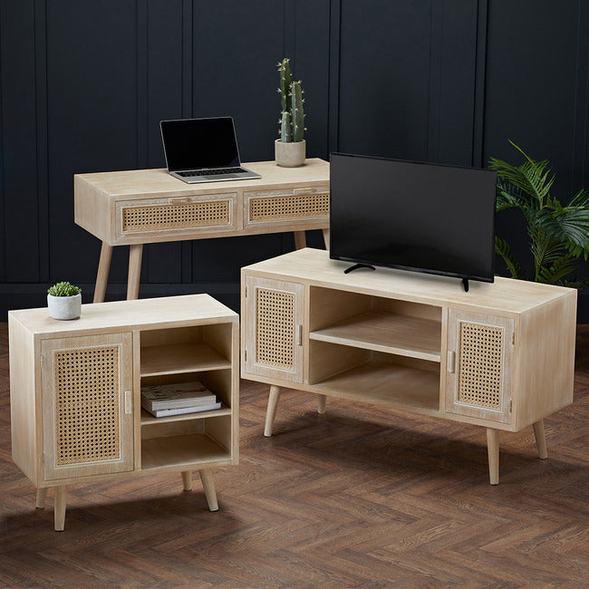 Boho Style Washed Oak Effect and Rattan Desk