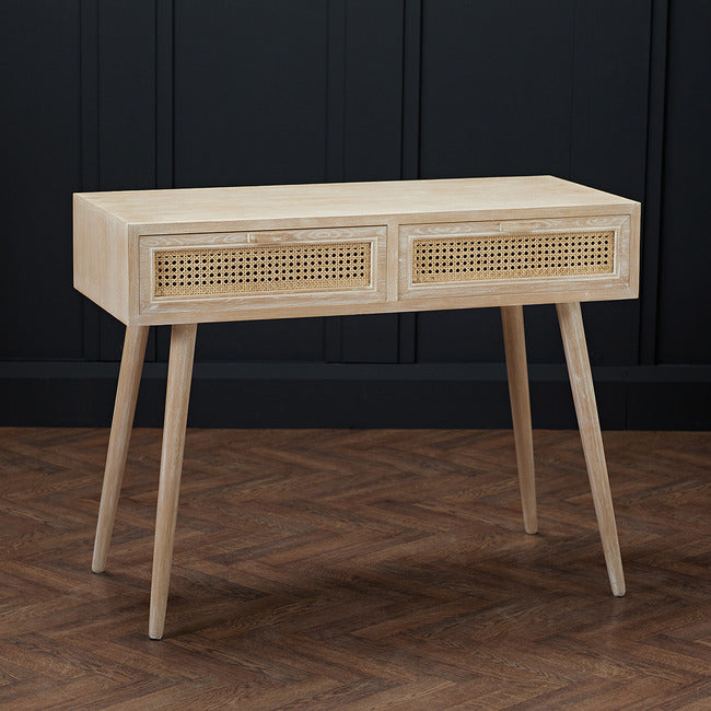 Boho Style Washed Oak Effect and Rattan Desk – Lush Home Interiors