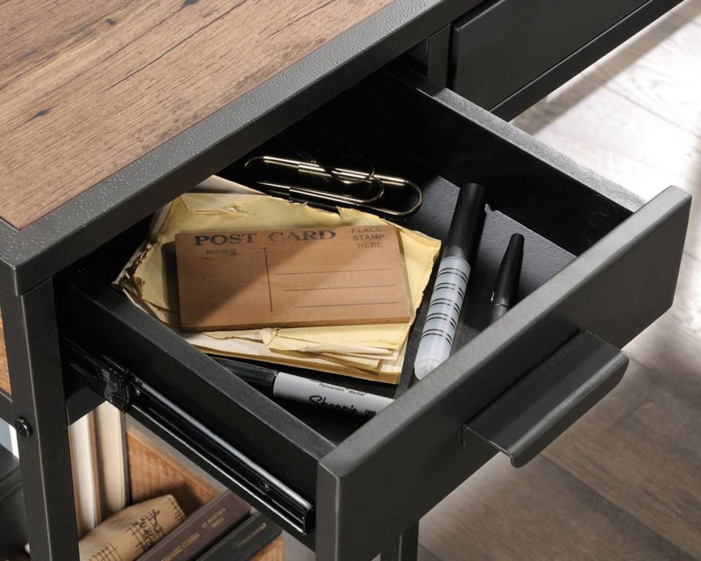 Contemporary Industrial Style home office L-shaped desk in Oak finish and modern black accents