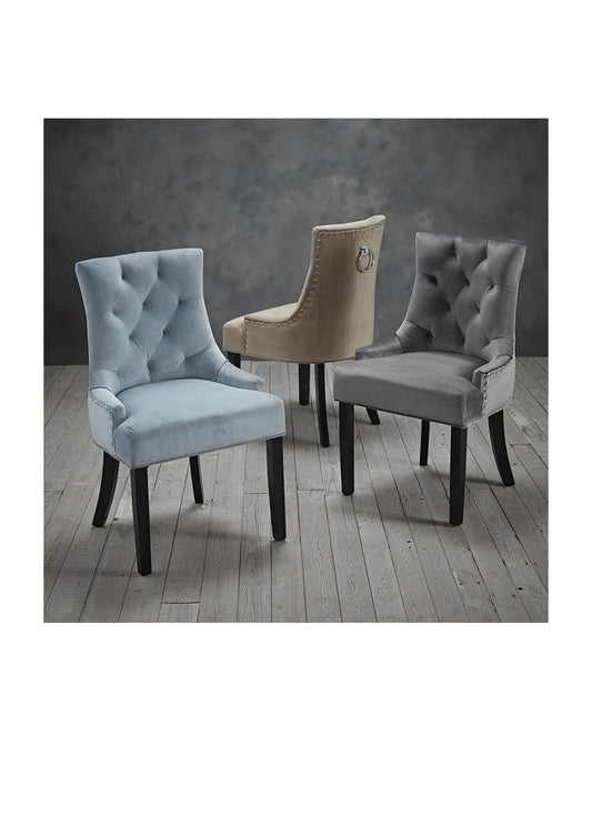 NEW Luxury Stylish Dining Velvet Buttoned chair with silver studs  - Pack of 2 -  Blue / Beige / Grey