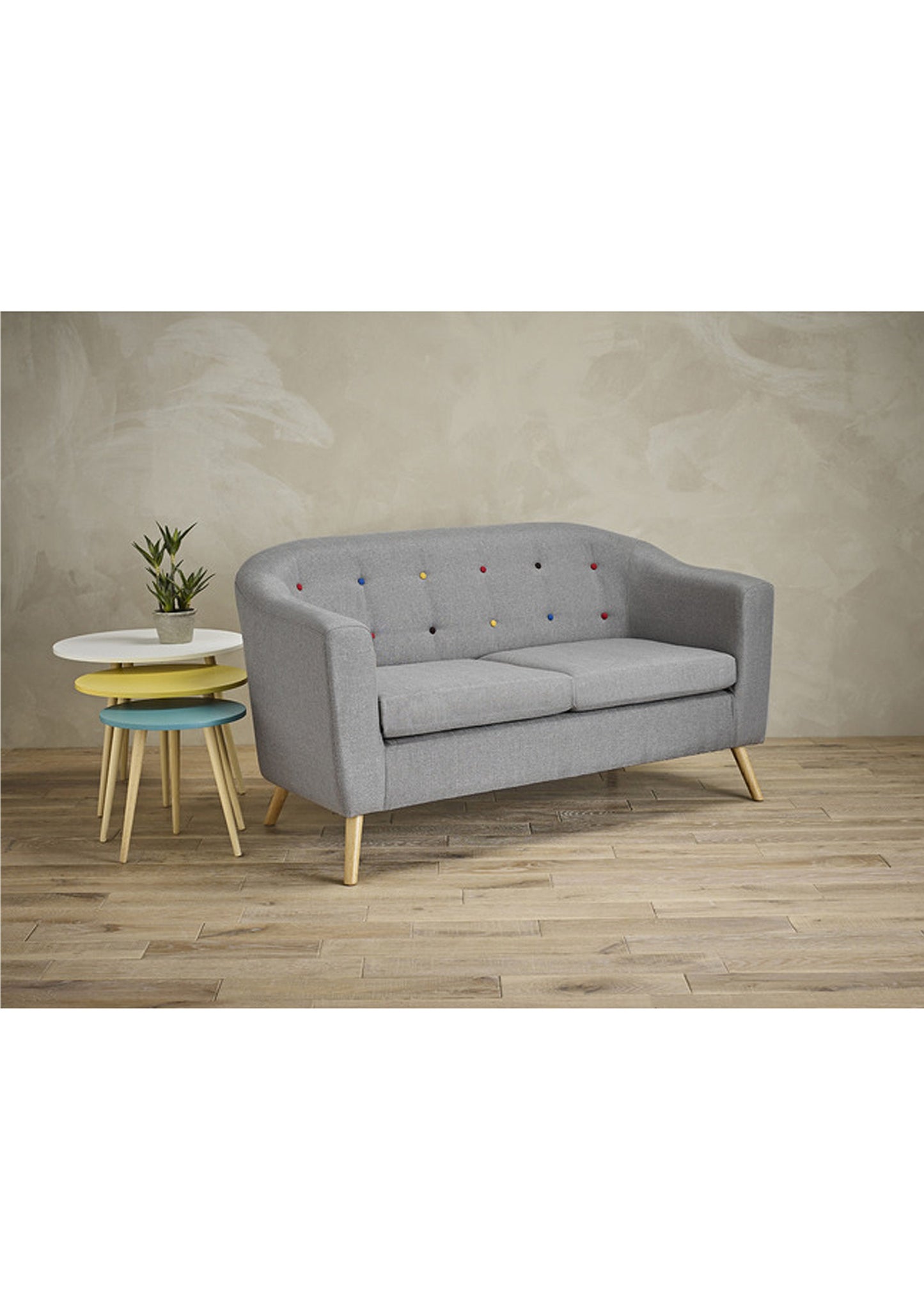 Graues oder beigefarbenes 2-Sitzer-Sofa mit Knöpfen im Scandi-/Retro-Sofa-Stil – 2 Farben