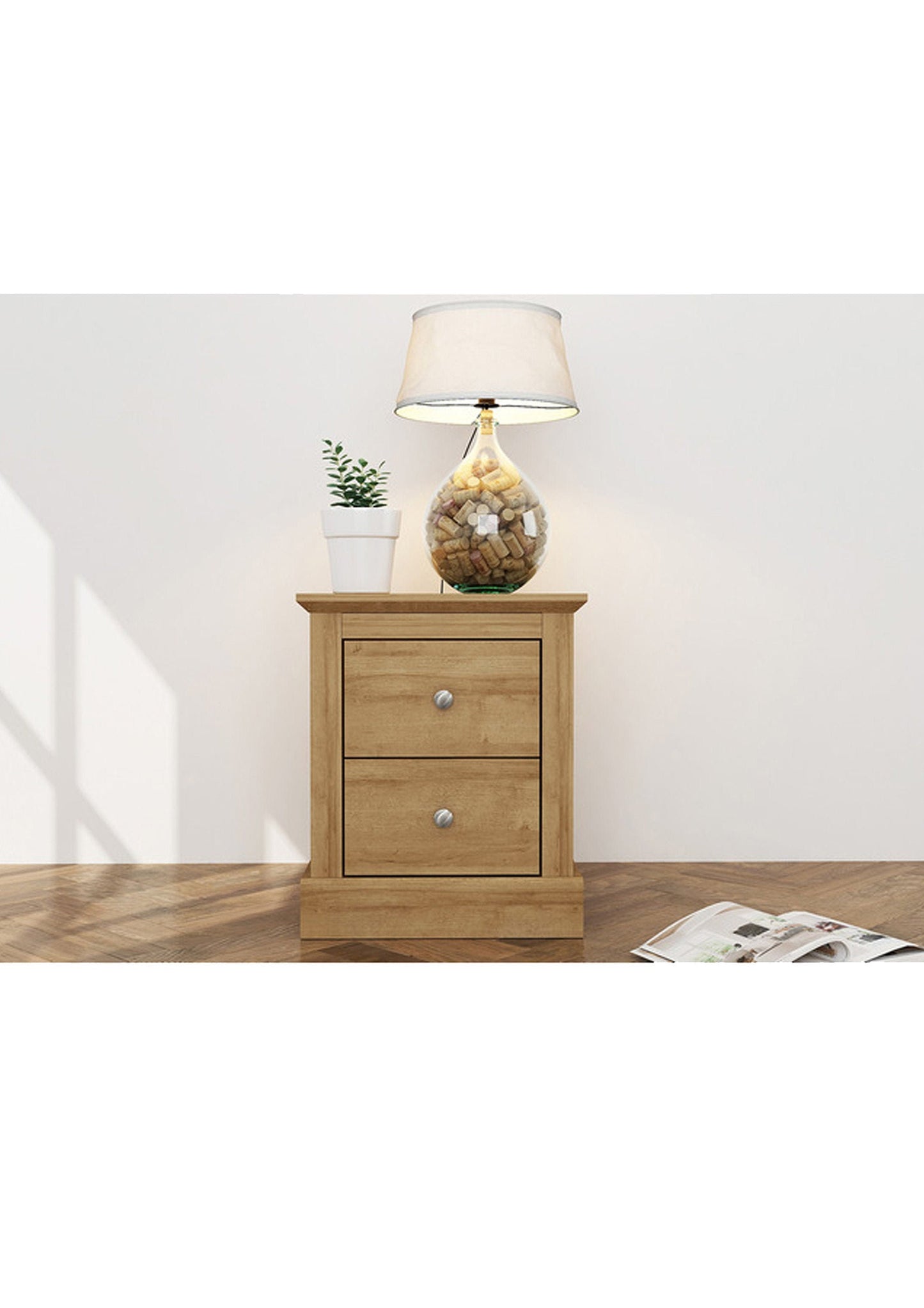 Oak effect 2 drawers bedside table cabinet