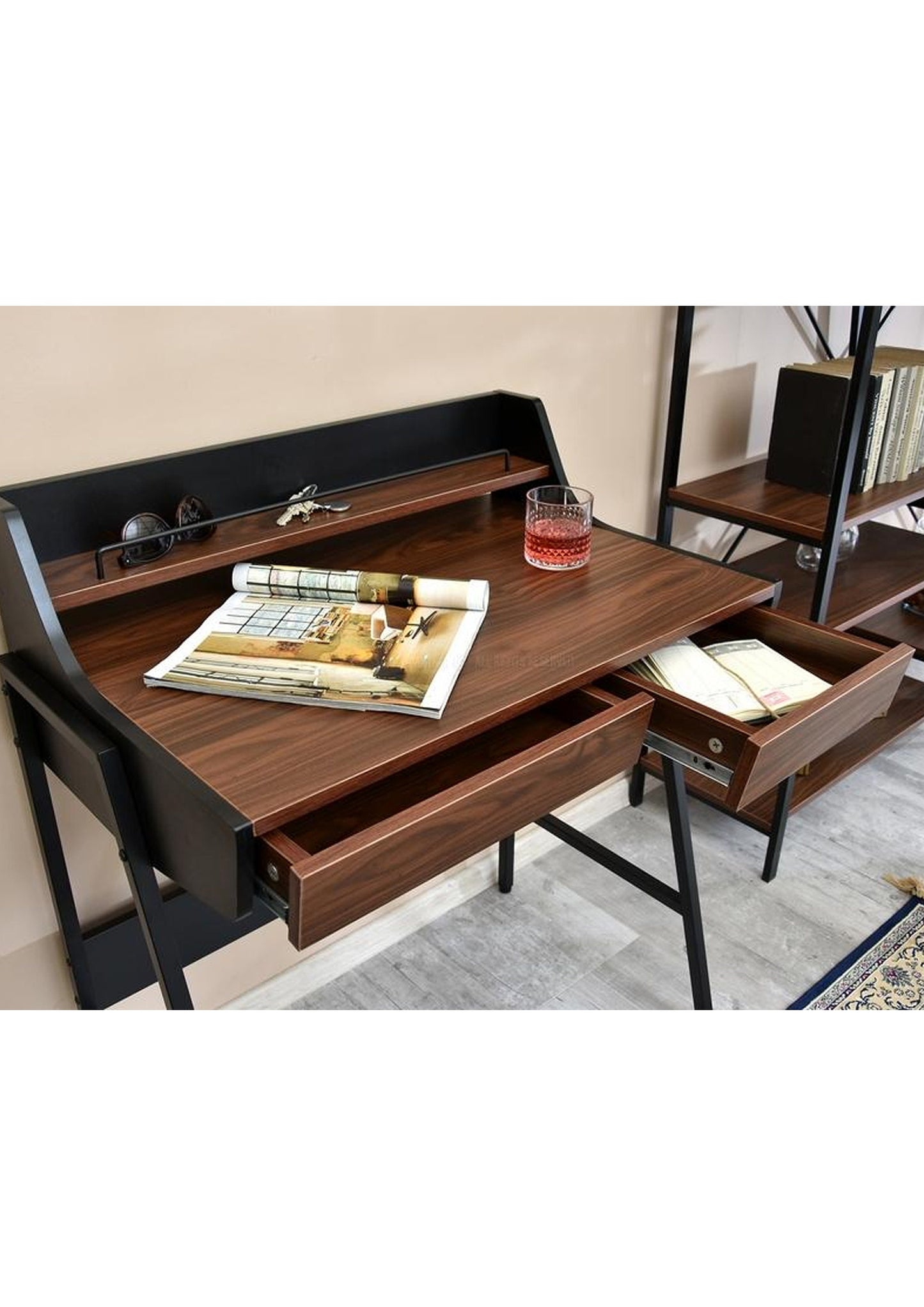 Retro Vintage style Office Desk in black and walnut