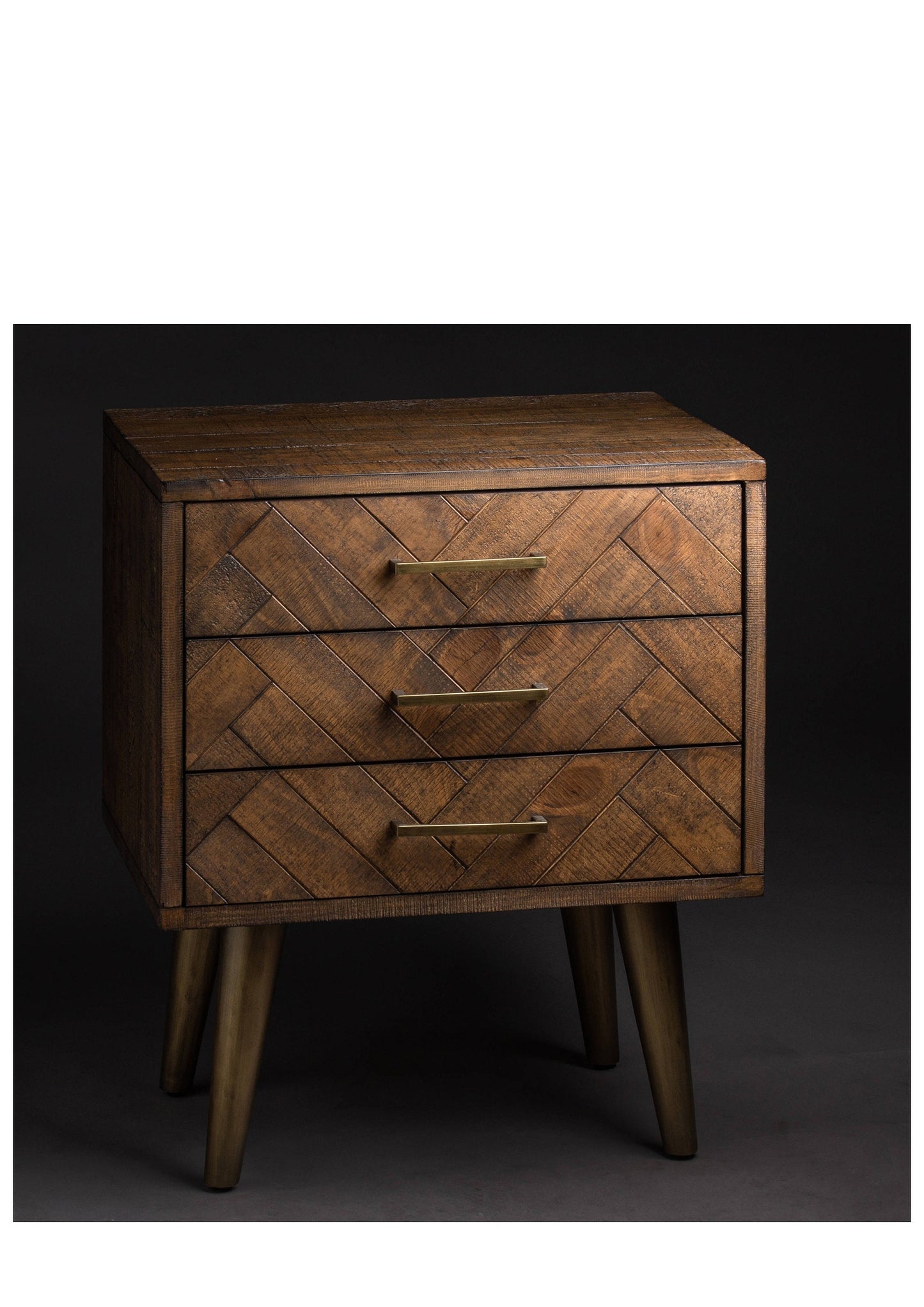 Solid wood chevron design bedside table with gold handles