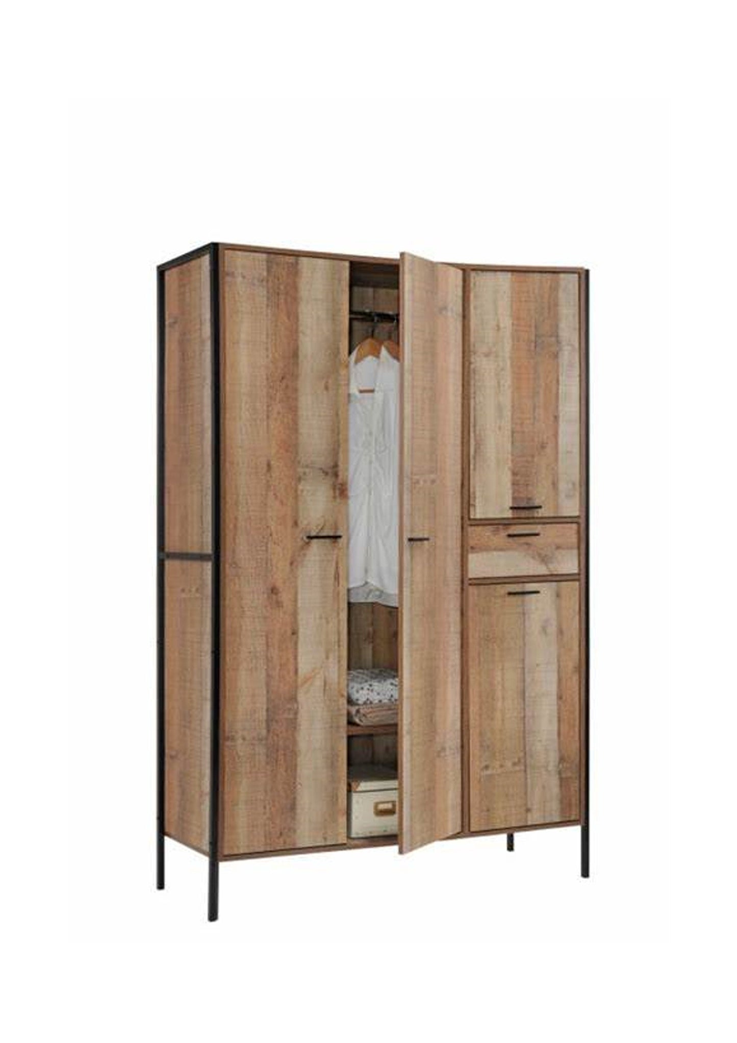 Industrial Style Distressed Oak Effect 4 Door Wardrobe