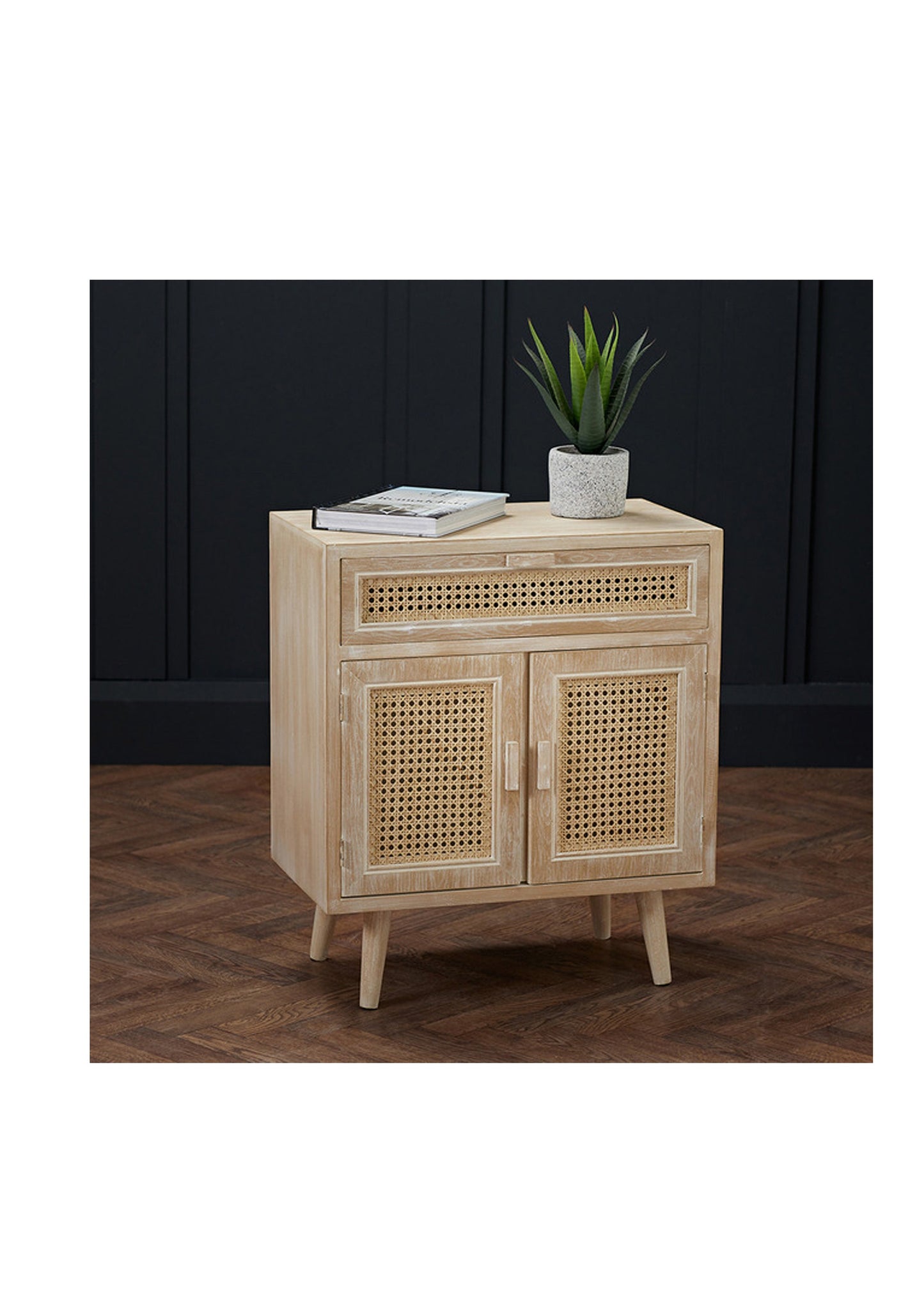 Boho Style Washed Oak Effect and Rattan Storage 3 Drawer Cabinet Home Office