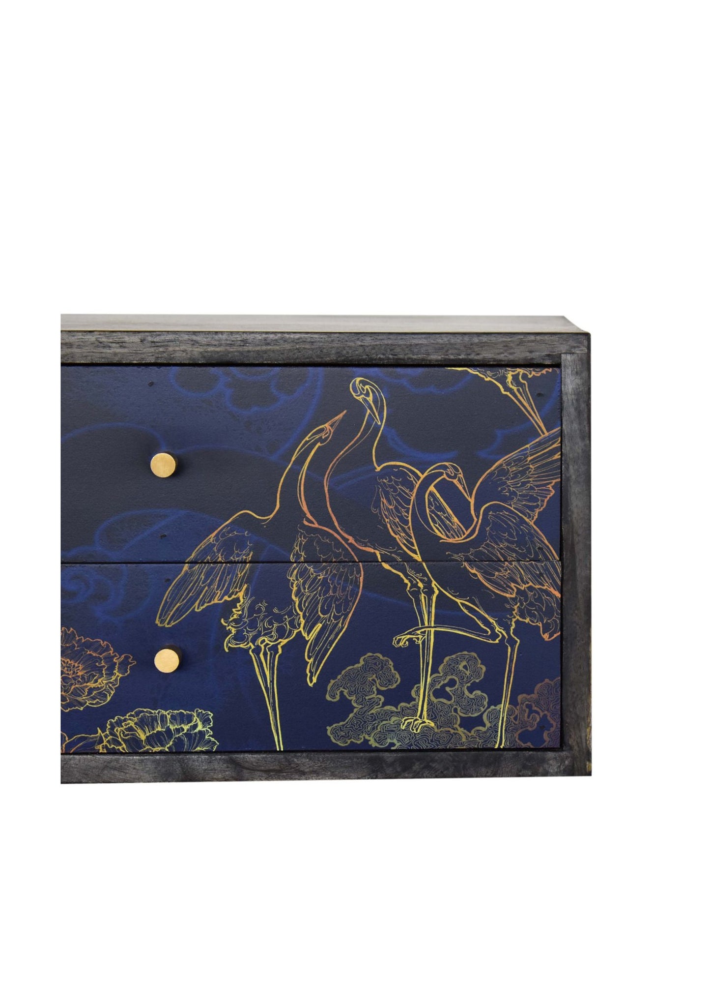 Elegant Designer Mid Century Blue Wall Hung Bedside Drawers with Gold Prints of Flowers and Birds