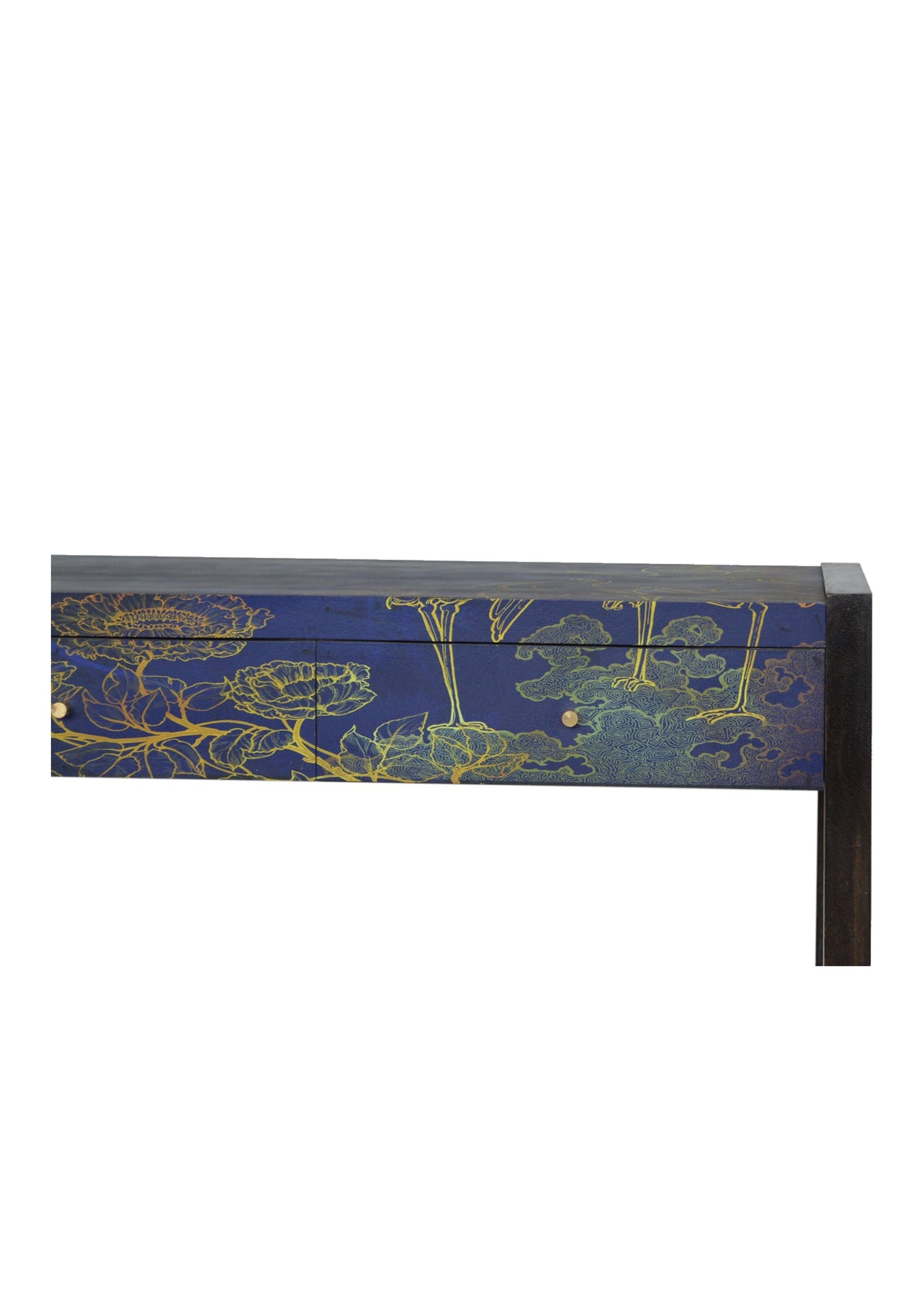 PRE ORDER for April - Elegant Designer Wood Mid Century Blue Console Table with Gold Prints of Flowers and Birds