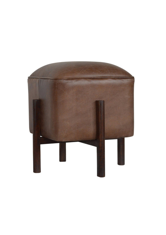 Mid Century Retro Style Brown Leather Footstool with Solid Wood Legs for Living Room Bedroom hallway