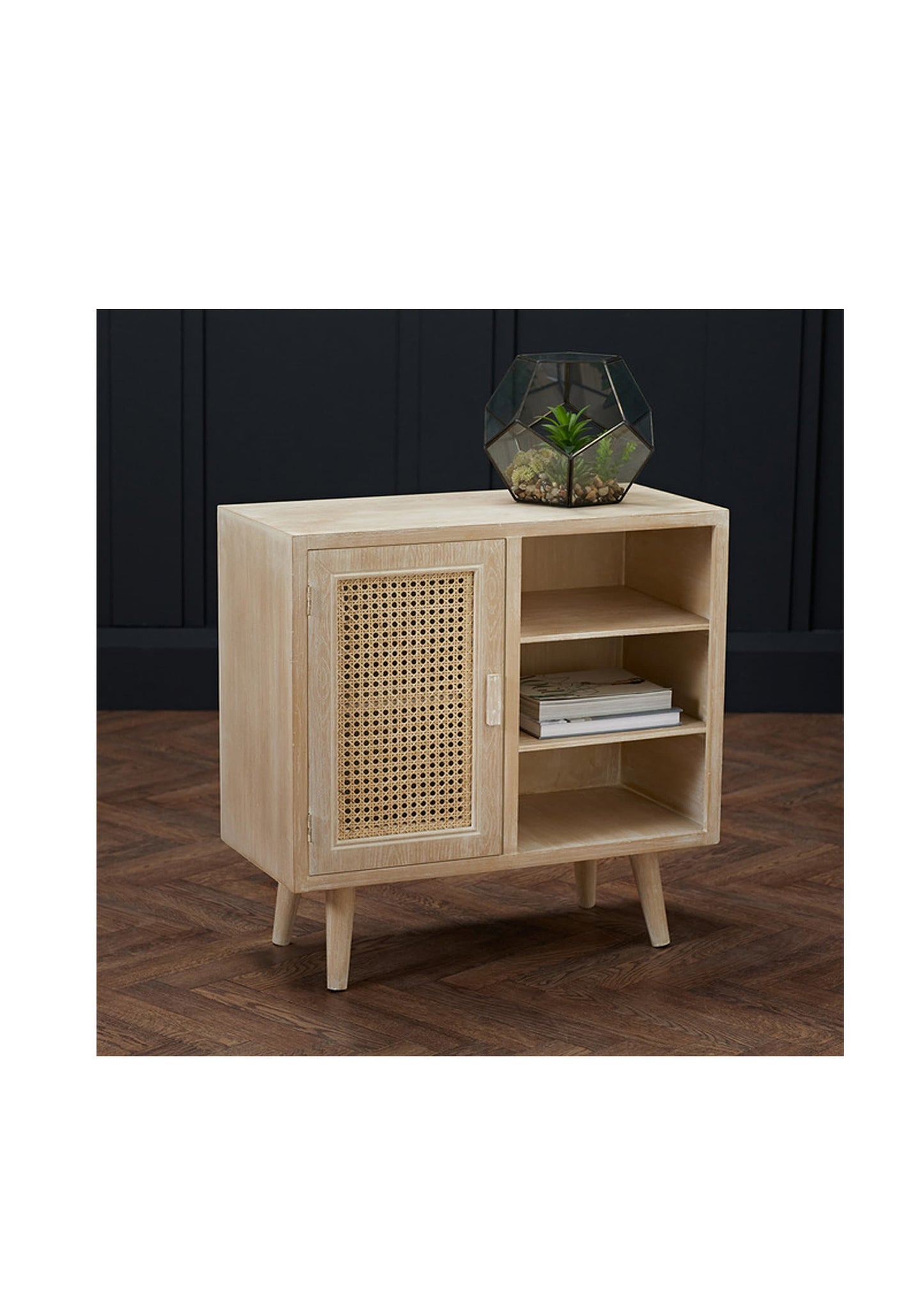Boho Style Washed Oak and Rattan Display Cabinet Storage Home Office