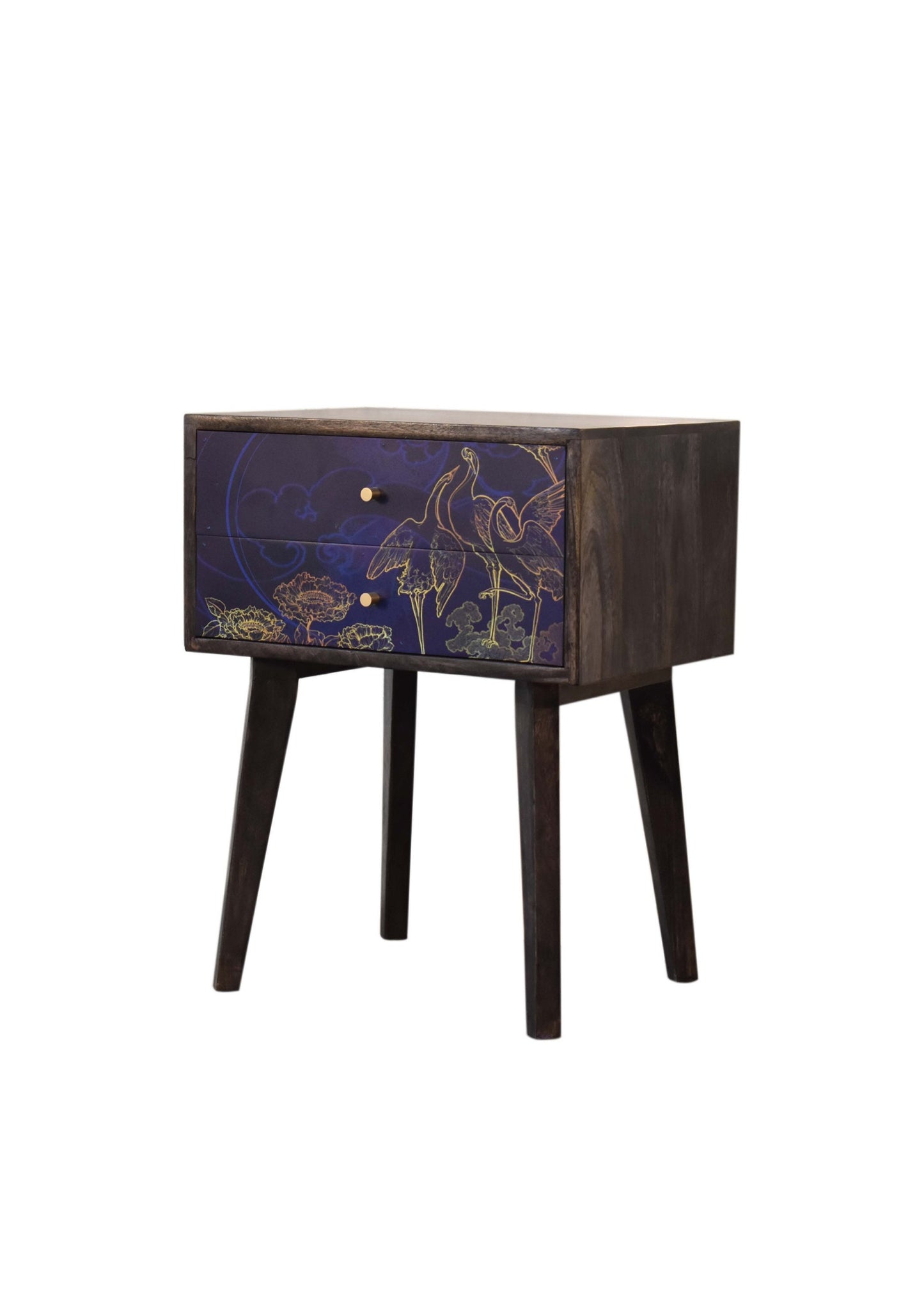 Elegant Designer Mid Century Blue Bedside Drawers with Gold Prints of Flowers and Birds