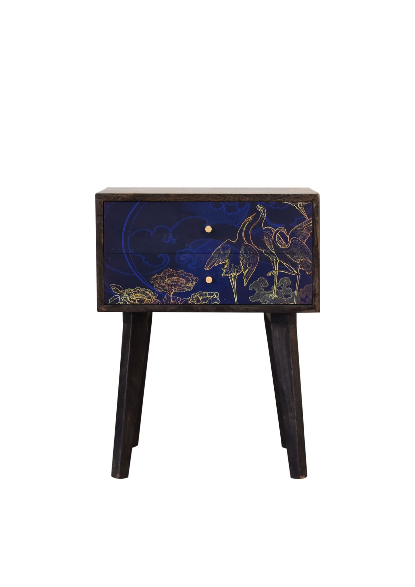 Elegant Designer Mid Century Blue Bedside Drawers with Gold Prints of Flowers and Birds