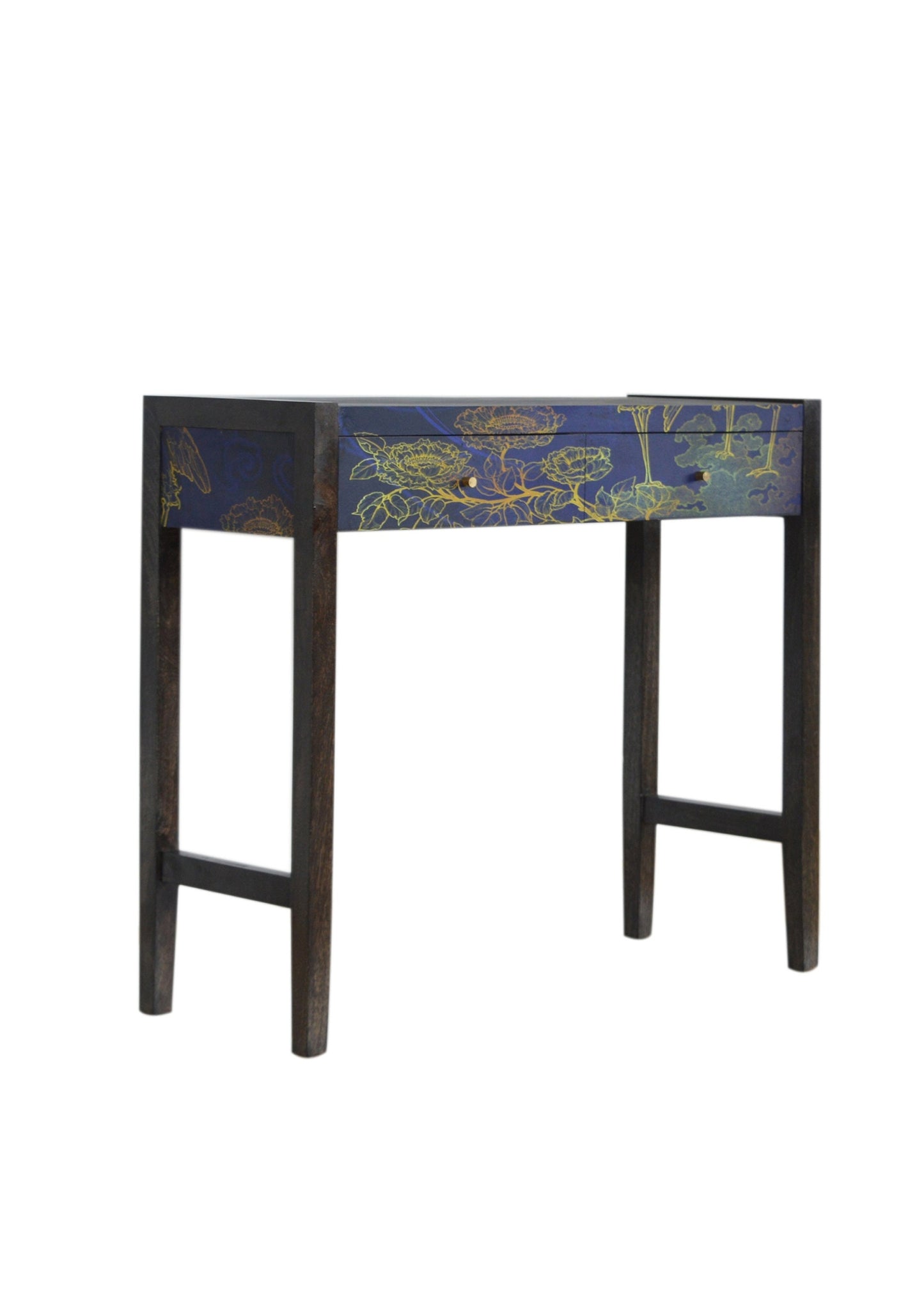 PRE ORDER for April - Elegant Designer Wood Mid Century Blue Console Table with Gold Prints of Flowers and Birds